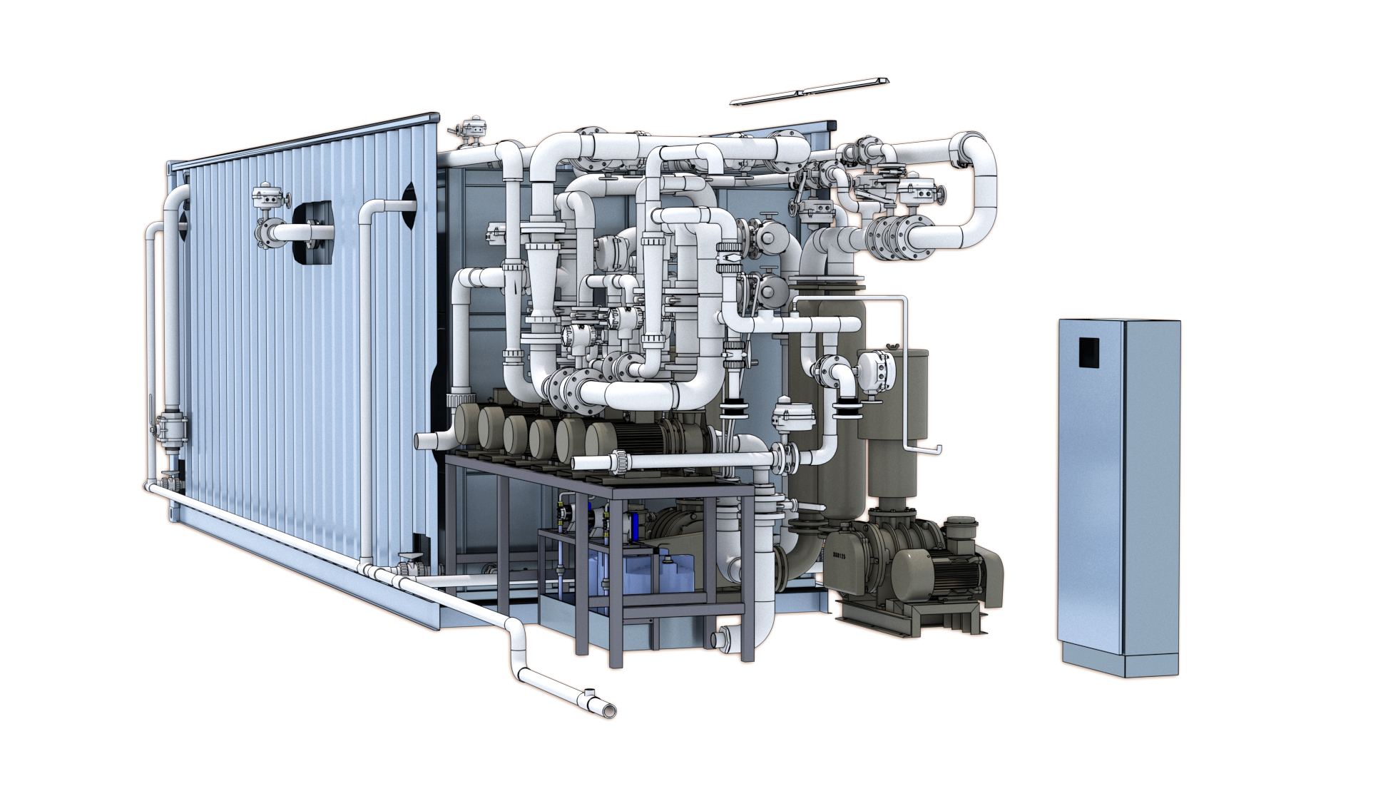 Nollet Frame-Mounted Containerised Water Treatment Plant — showing the open container with pumps, pipes, membranes and control panel